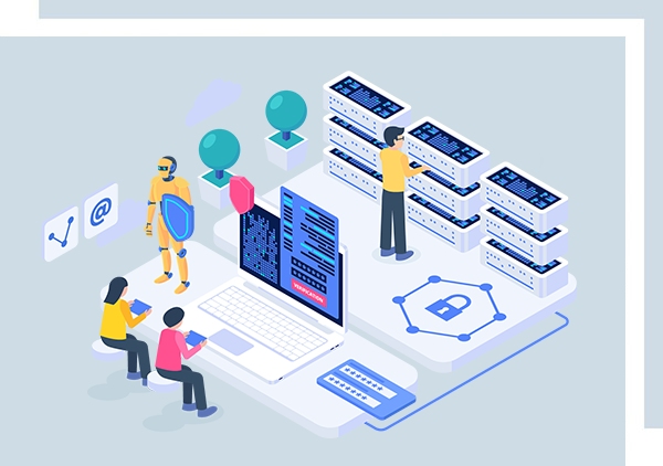 Illustration of senior software engineers collaborating to build advanced blockchain software systems, a computer science career that commands a high salary within financial services