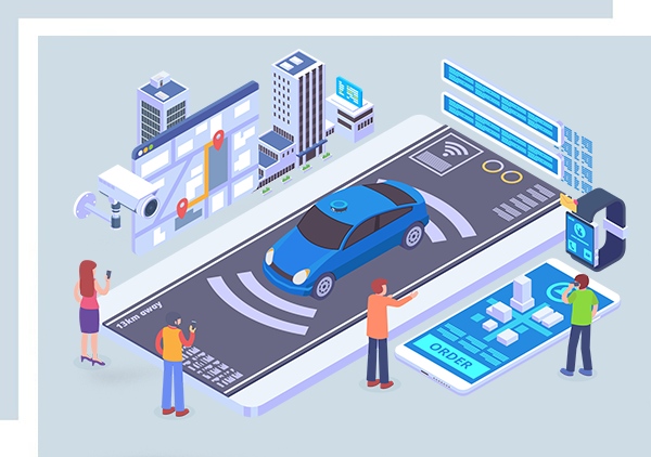 Illustration showing computer scientists collaborating on self-driving car product development