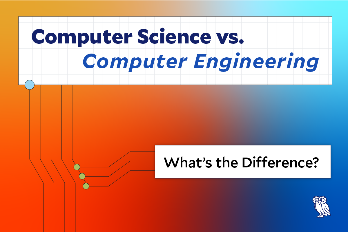 Comparison graphic illustrating the differences between computer science and computer engineering fields.