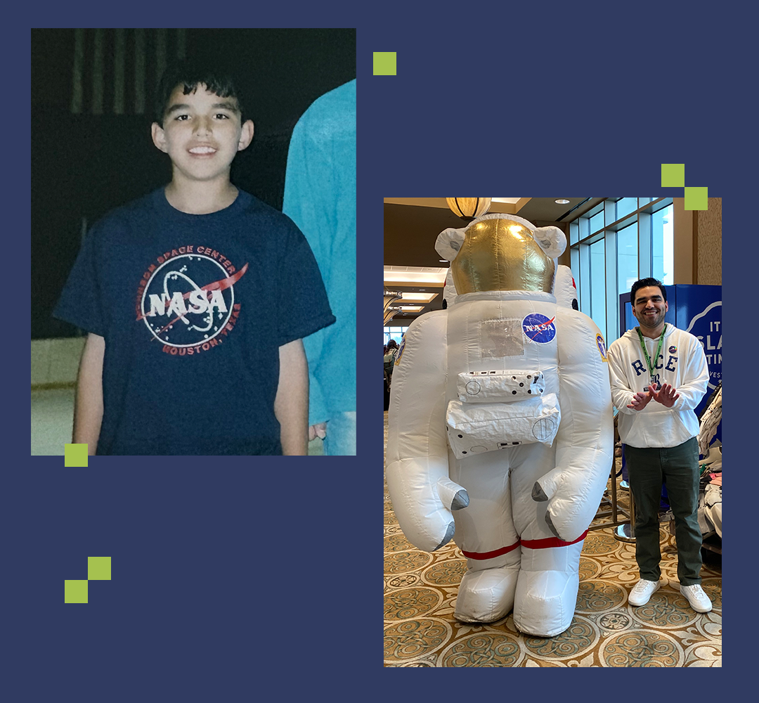 Two images feature a boy and an astronaut, highlighting the wonder of space through the eyes of a young child.