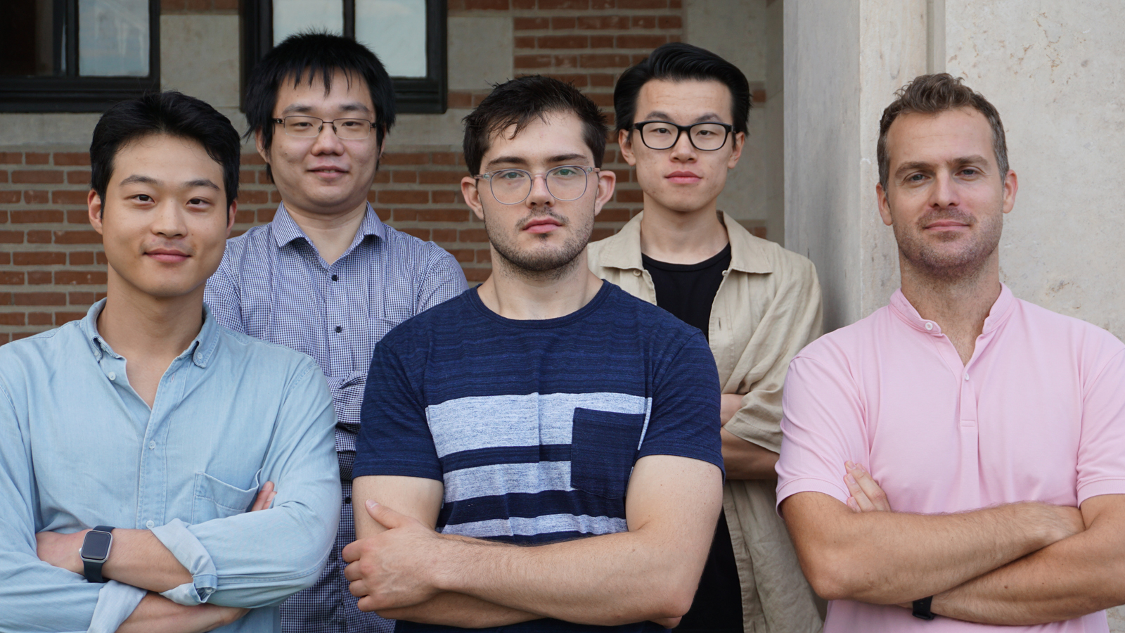 Under the direction of Anastasios Kyrillidis (right), OptimaLab members Lyle Kim (left), Chen Dun, Cameron Wolfe, and Jasper Liao increase the efficiency of complicated algorithms.