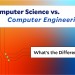 Comparison graphic illustrating the differences between computer science and computer engineering fields.