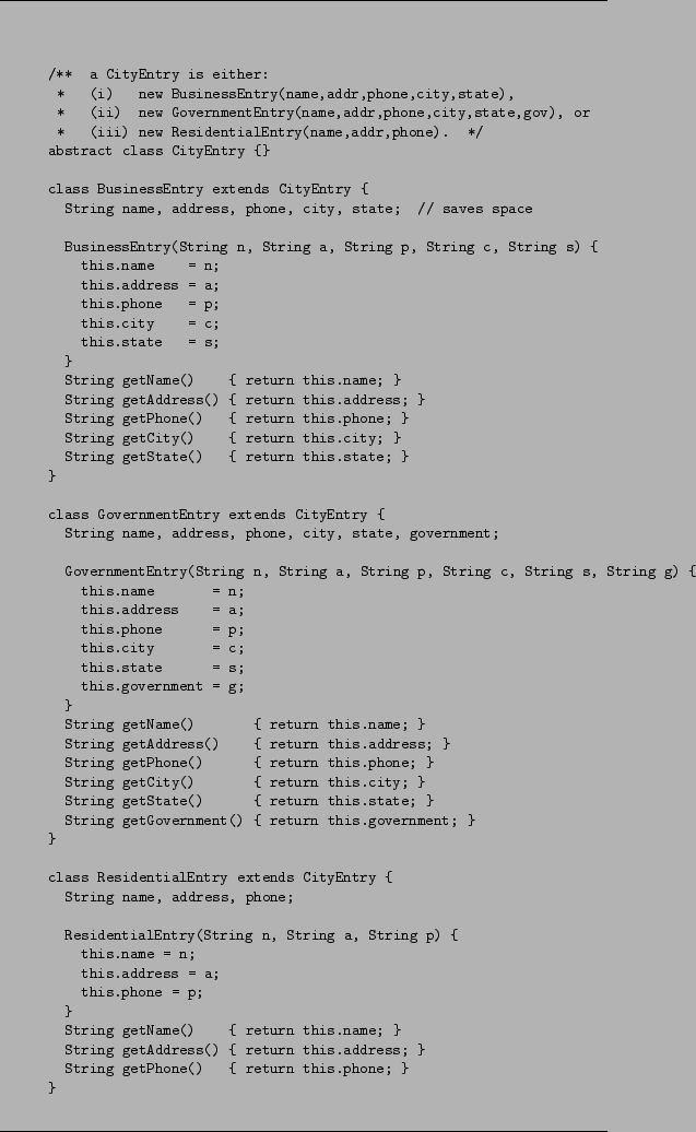 \begin{figure*}\rule{\hsize}{.1pt}\\ \begin{quote}\footnotesize\begin{verbatim}
...
... return this.phone; }
}\end{verbatim}\end{quote}\rule{\hsize}{.1pt}\end{figure*}